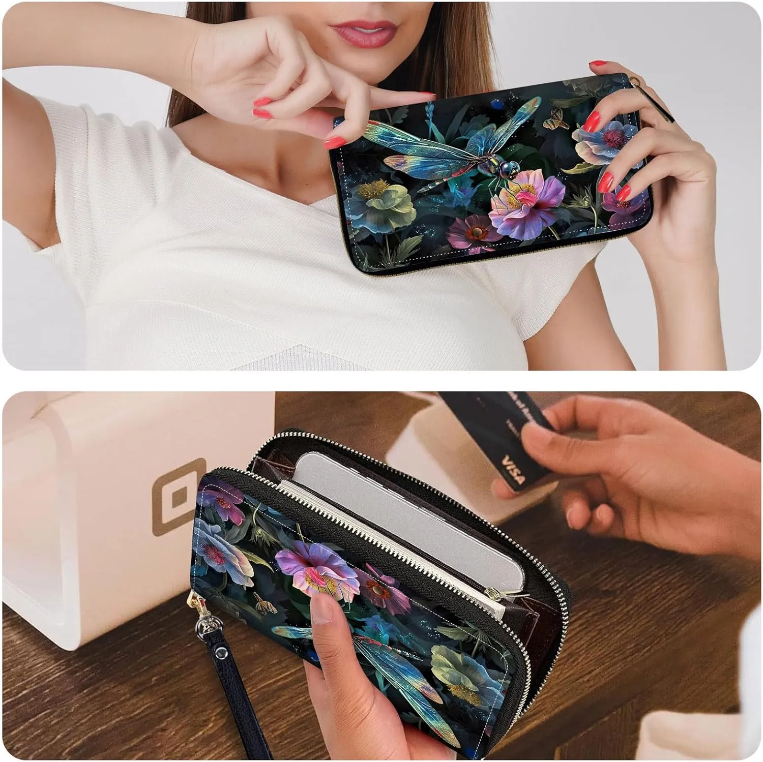 Wristlet Wallets Slim Cute Zipper Wallet,PU Leather RFID Blocking Credit Card Holder,Art Cute Dragonfly