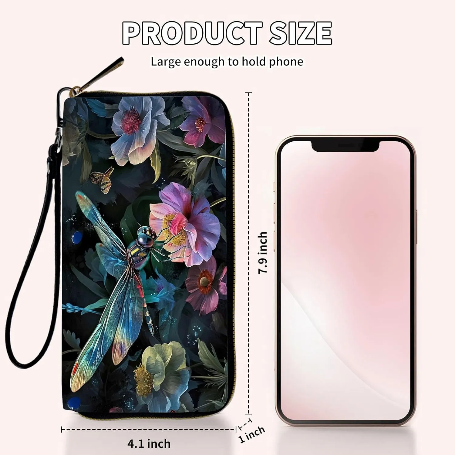Wristlet Wallets Slim Cute Zipper Wallet,PU Leather RFID Blocking Credit Card Holder,Art Cute Dragonfly