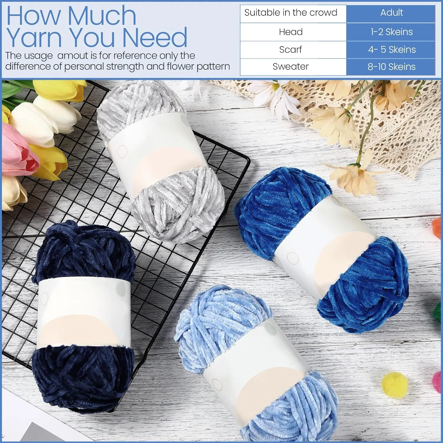 Xinnun 12 Skeins 1116 Yards Chenille Velvet Soft Thick Plush Yarn Bulk for Crocheting Knitting Baby Blanket DIY Weaving Craft, 6mm, 3.5 Oz/Skein(Blue Series)