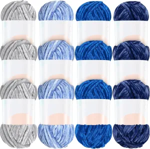 Xinnun 12 Skeins 1116 Yards Chenille Velvet Soft Thick Plush Yarn Bulk for Crocheting Knitting Baby Blanket DIY Weaving Craft, 6mm, 3.5 Oz/Skein(Blue Series)