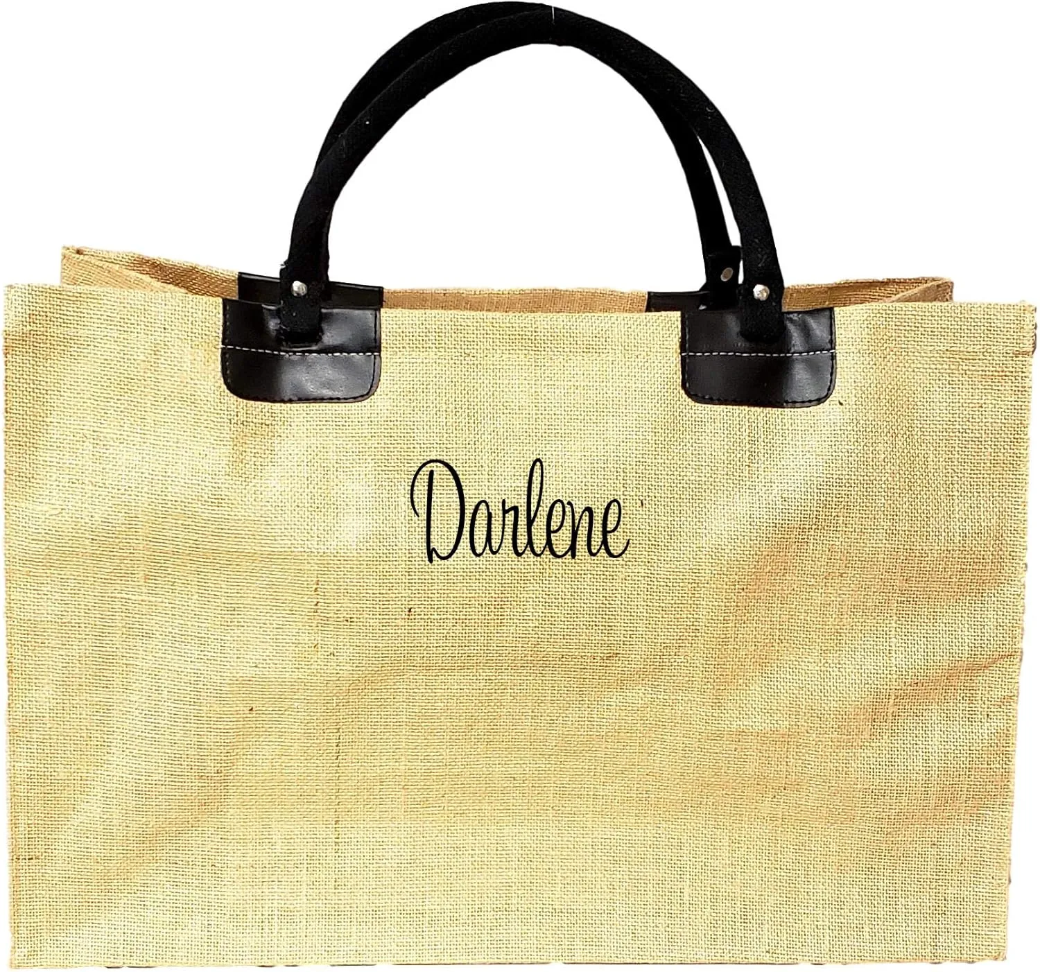 XL Natural Jute Burlap Shopper Tote Bag with Cotton webbed handles (Natural with Embroidered Name)
