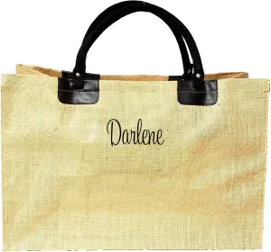 XL Natural Jute Burlap Shopper Tote Bag with Cotton webbed handles (Natural with Embroidered Name)