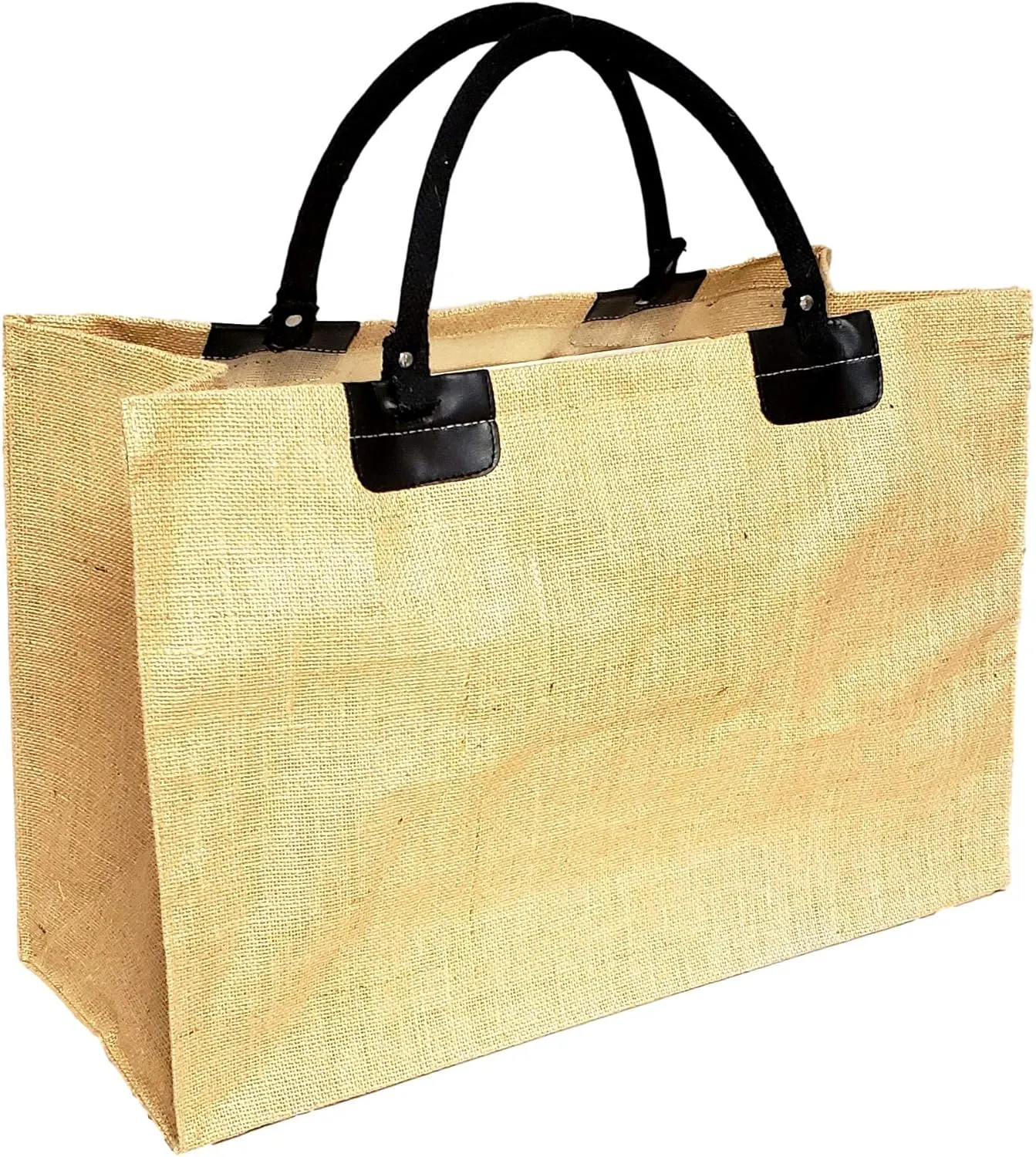 XL Natural Jute Burlap Shopper Tote Bag with Cotton webbed handles (Natural with Embroidered Name)