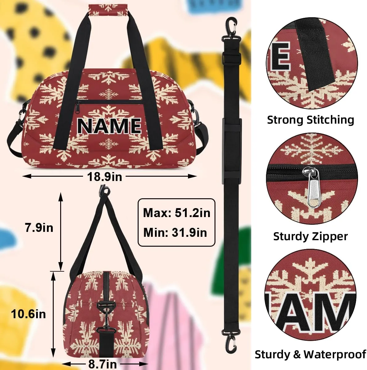 Xmas Christmas Mini Gym Bag 18 inch for Women Men Waterproof Custom Winter Snowflake Travel Duffel Bag Carry On Overnight Tote Nurse Bag for Work Fitness Hiking