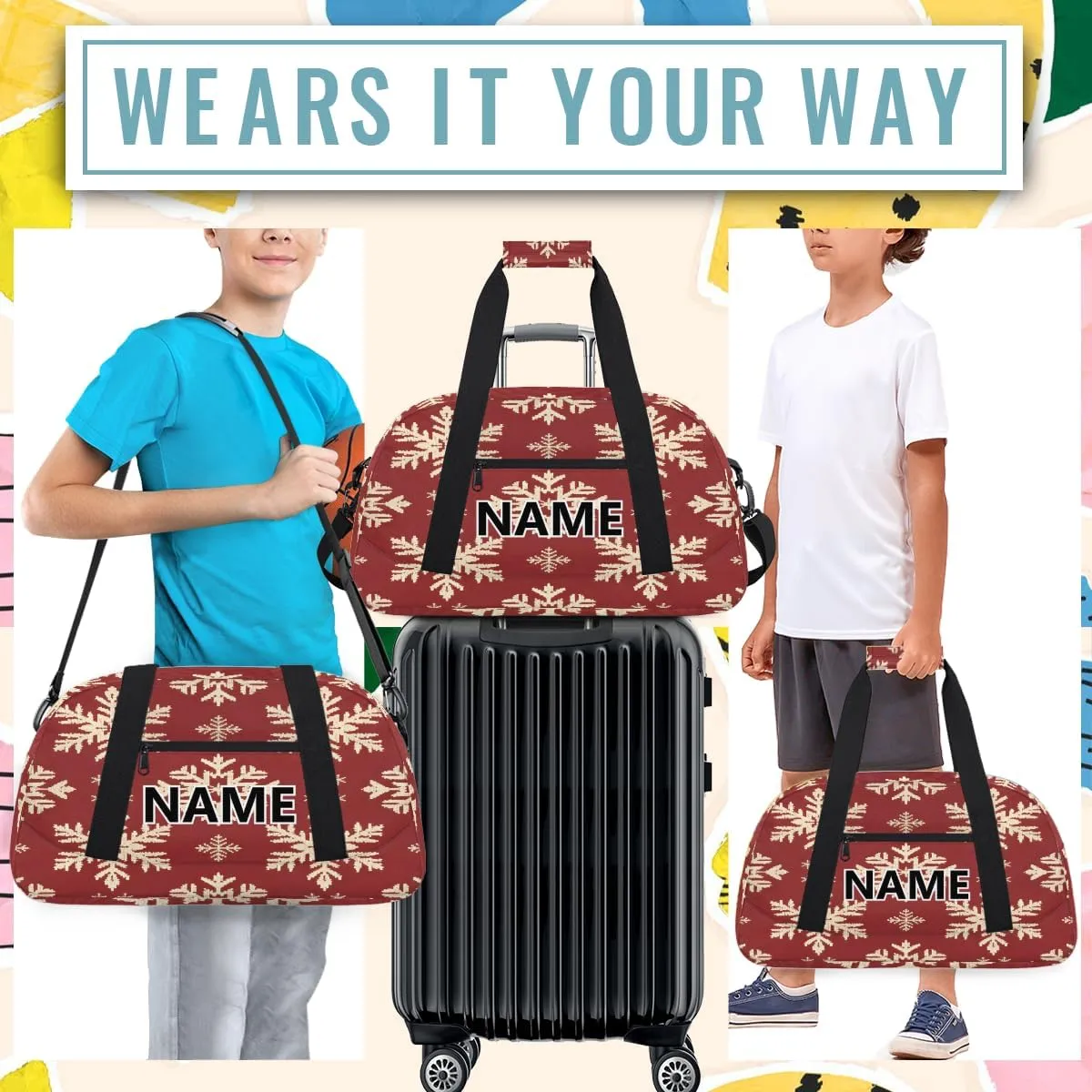 Xmas Christmas Mini Gym Bag 18 inch for Women Men Waterproof Custom Winter Snowflake Travel Duffel Bag Carry On Overnight Tote Nurse Bag for Work Fitness Hiking