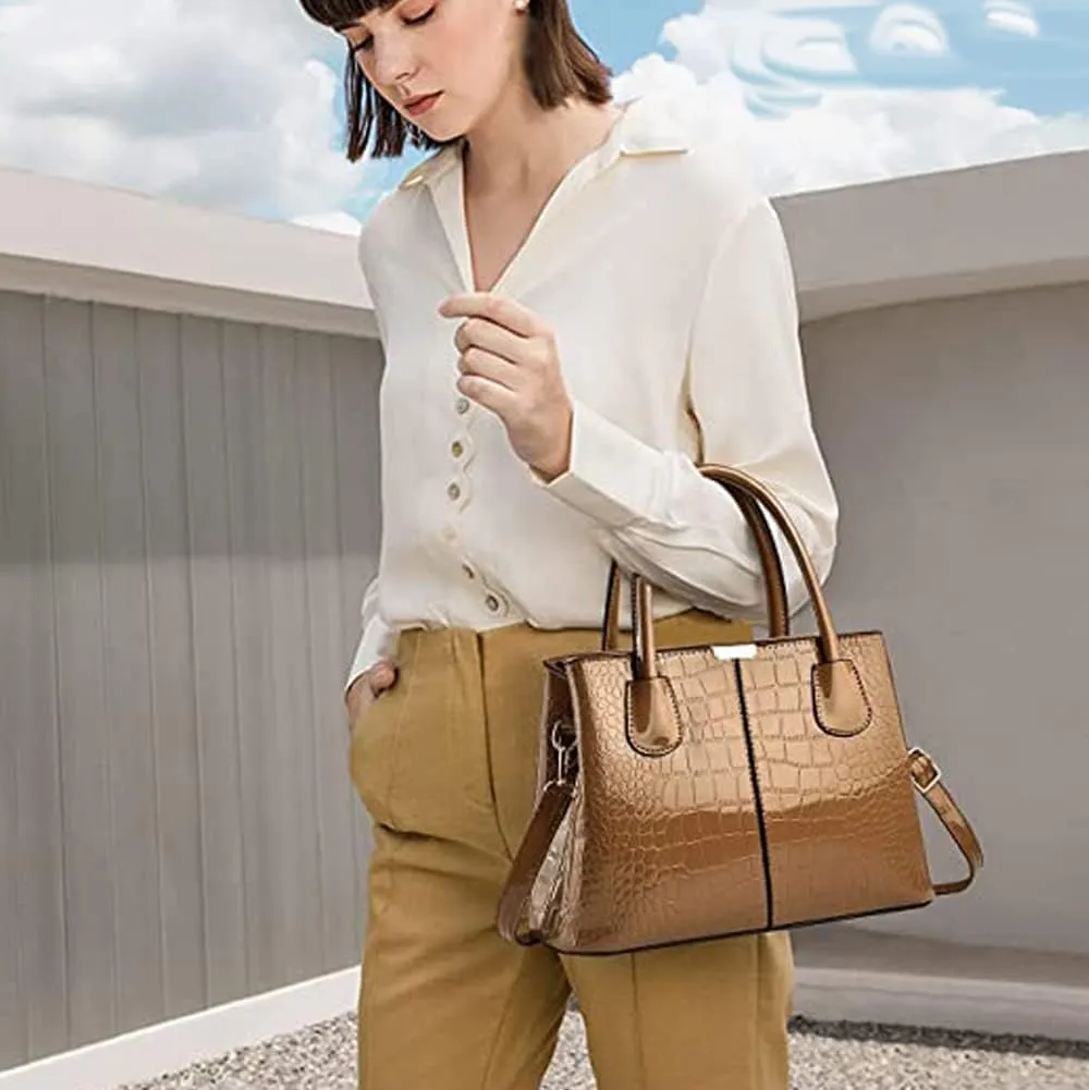 XXGJOALD-Women Handbags Classic Top Handle Purse Shiny Patent Leather Crocodile Pattern Totes Stylish Satchel Shoulder Bag