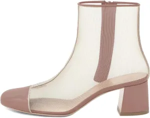 XYD Stylish Chunky Block Mid Heels Ankle Booties Pumps Glossy Round Cap Toe Mesh Side Zipper Party Night Club Fashion Shoes