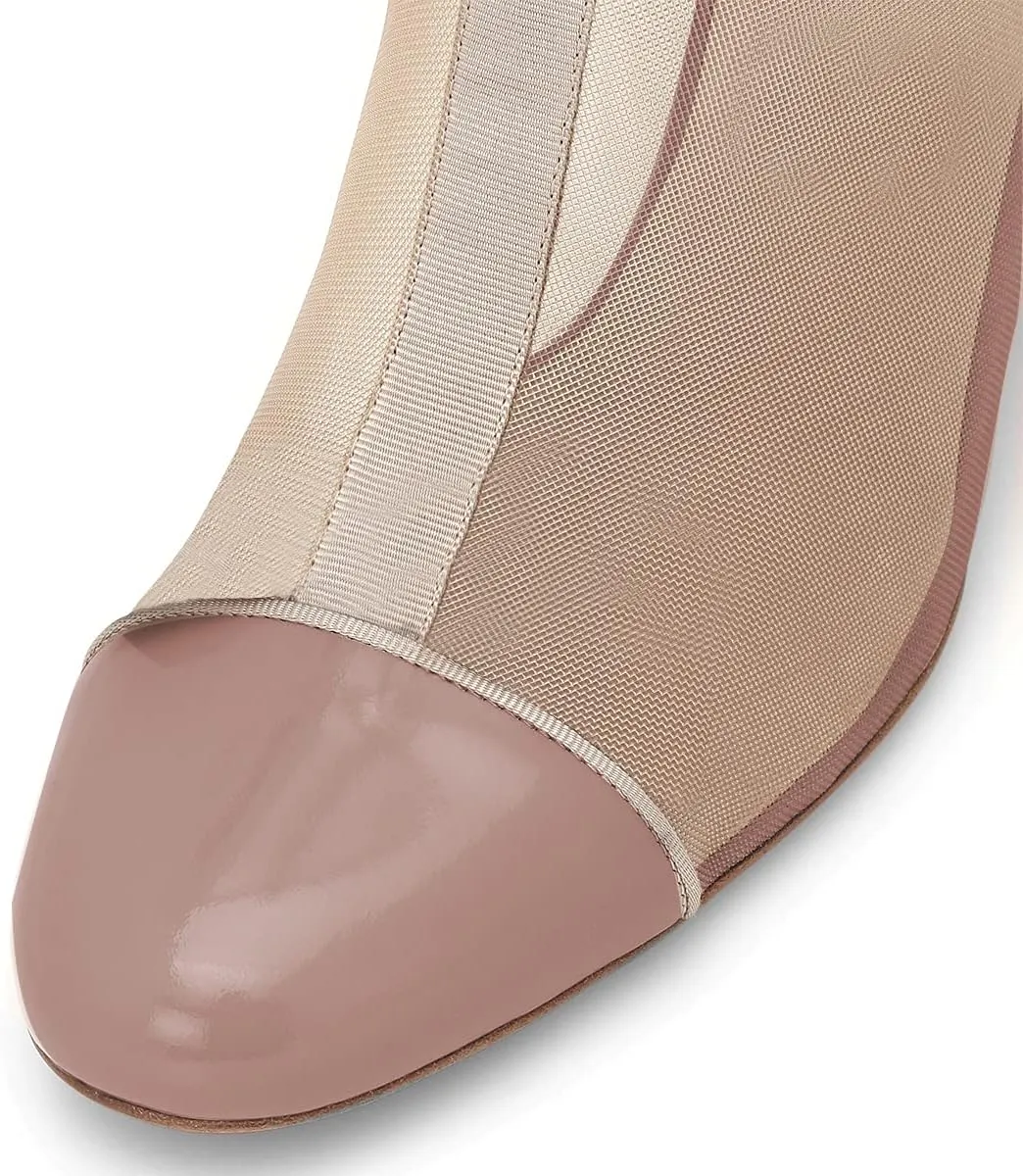 XYD Stylish Chunky Block Mid Heels Ankle Booties Pumps Glossy Round Cap Toe Mesh Side Zipper Party Night Club Fashion Shoes
