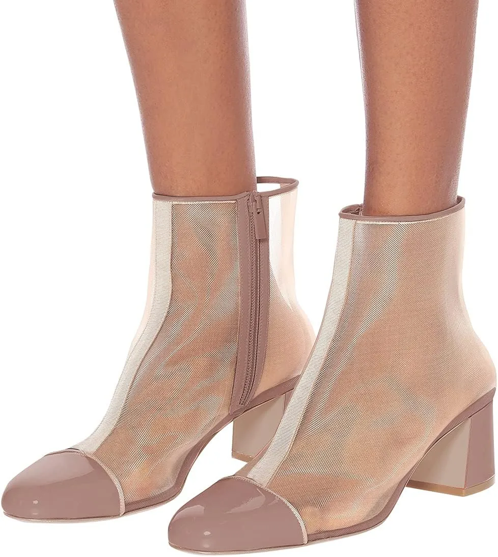 XYD Stylish Chunky Block Mid Heels Ankle Booties Pumps Glossy Round Cap Toe Mesh Side Zipper Party Night Club Fashion Shoes