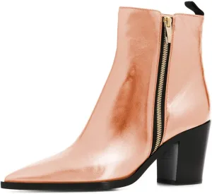 XYD Women Pointed Toe Glossy Ankle Boots Stacked Chunky Heels Pumps Booties with Side Zipper Fall Winter Dress Casual Shoes