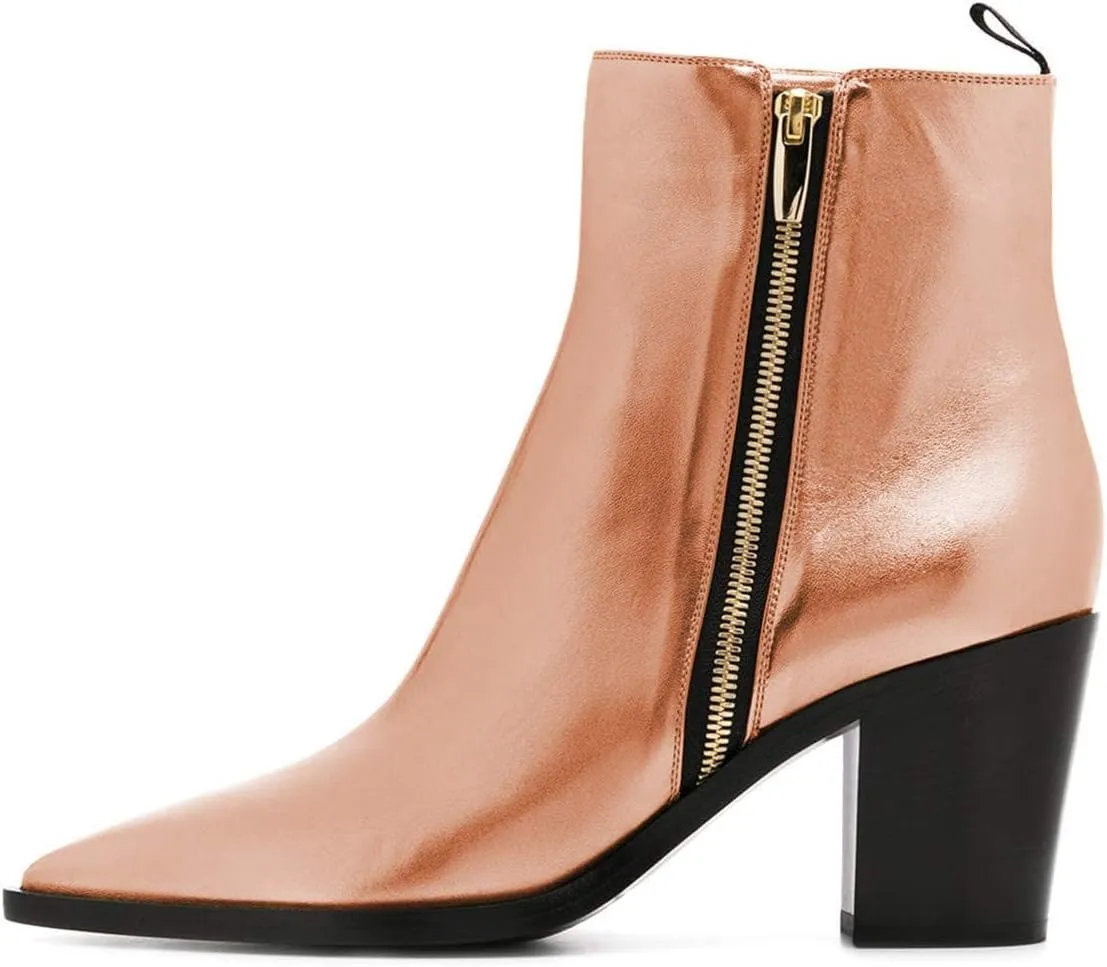 XYD Women Pointed Toe Glossy Ankle Boots Stacked Chunky Heels Pumps Booties with Side Zipper Fall Winter Dress Casual Shoes