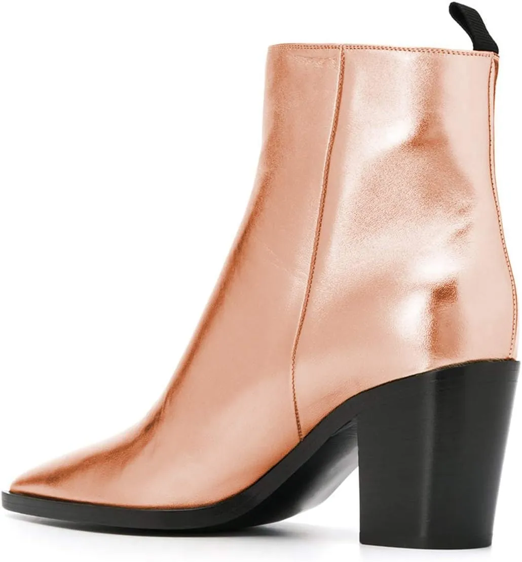 XYD Women Pointed Toe Glossy Ankle Boots Stacked Chunky Heels Pumps Booties with Side Zipper Fall Winter Dress Casual Shoes