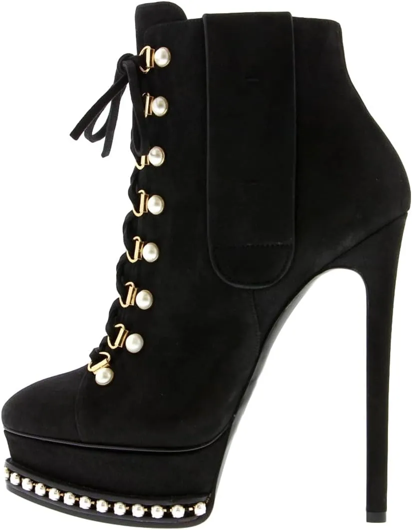 XYD Women's Chic Boots Lace Up Strappy Pearls Platform Stiletto Heels Closed Toe Ankle High Short Booties Night Club Party Evening Dressy Fashion Shoes