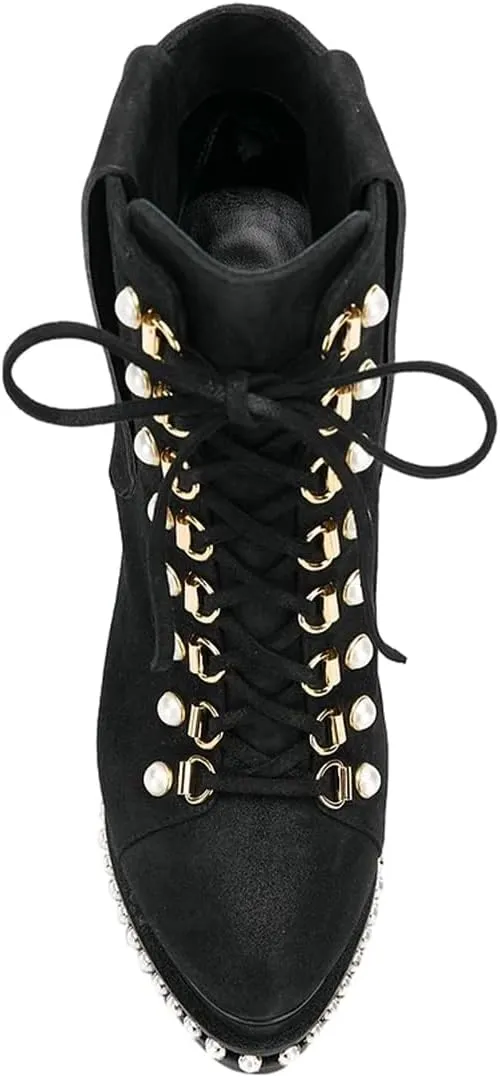 XYD Women's Chic Boots Lace Up Strappy Pearls Platform Stiletto Heels Closed Toe Ankle High Short Booties Night Club Party Evening Dressy Fashion Shoes