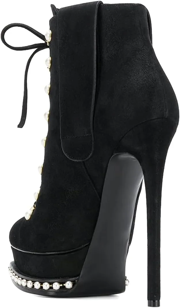 XYD Women's Chic Boots Lace Up Strappy Pearls Platform Stiletto Heels Closed Toe Ankle High Short Booties Night Club Party Evening Dressy Fashion Shoes