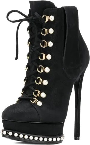 XYD Women's Chic Boots Lace Up Strappy Pearls Platform Stiletto Heels Closed Toe Ankle High Short Booties Night Club Party Evening Dressy Fashion Shoes