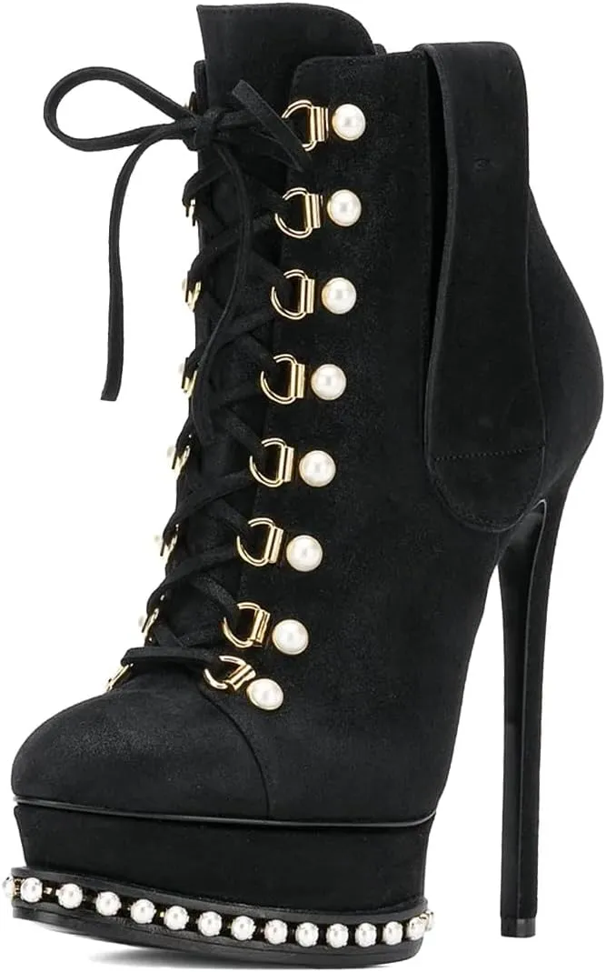 XYD Women's Chic Boots Lace Up Strappy Pearls Platform Stiletto Heels Closed Toe Ankle High Short Booties Night Club Party Evening Dressy Fashion Shoes