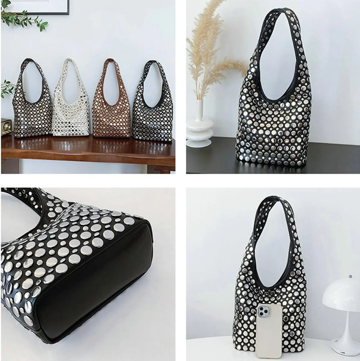 Y2k 90s Crescent Hobo Bags Women Studded PU Leather Shoulder Crossbody Purse Trendy Punk Underarm Satchels Bag Tote Handbag