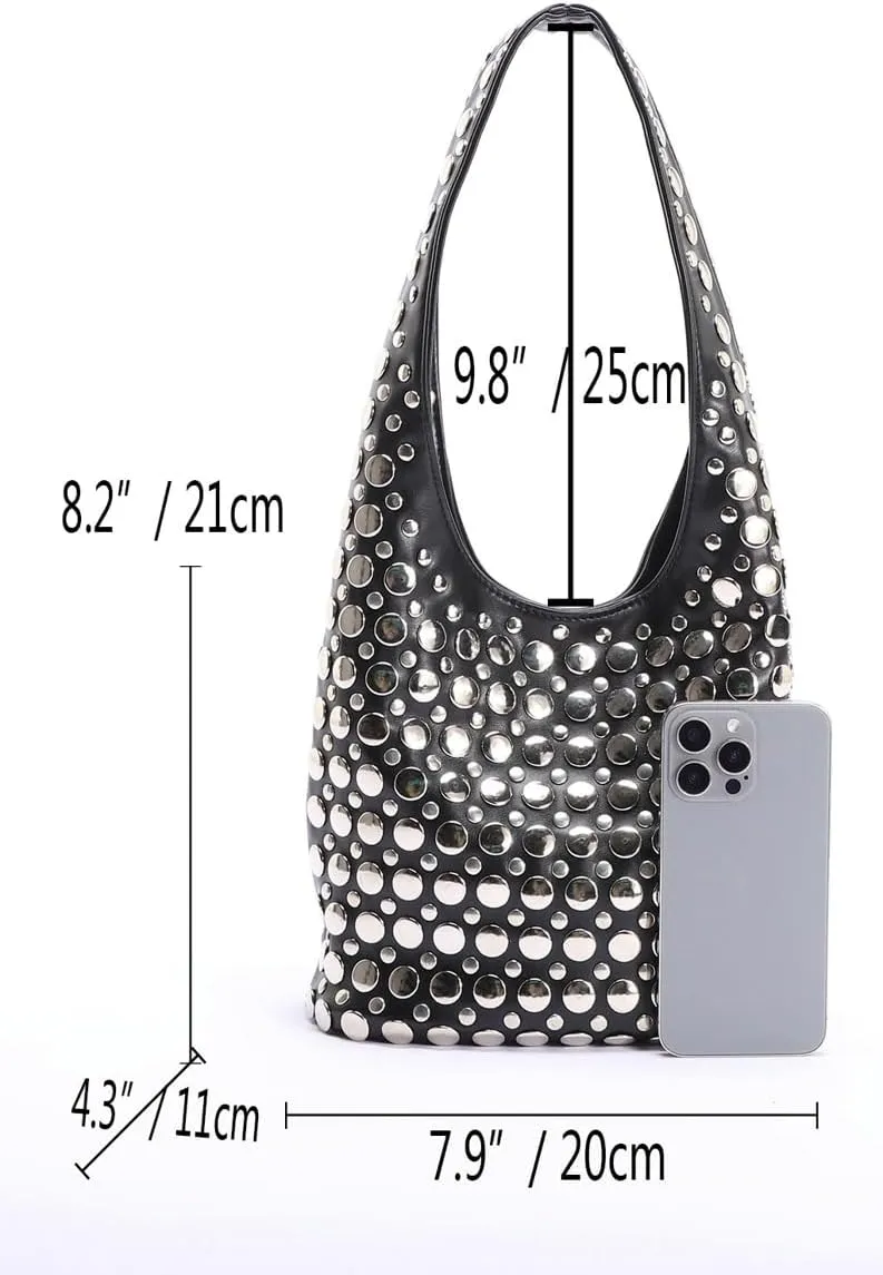 Y2k 90s Crescent Hobo Bags Women Trendy Studded PU Leather Shoulder Crossbody Purse Punk Underarm Satchels Tote Handbag