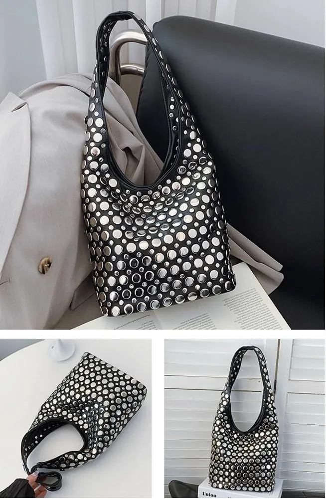 Y2k 90s Crescent Hobo Bags Women Trendy Studded PU Leather Shoulder Crossbody Purse Punk Underarm Satchels Tote Handbag