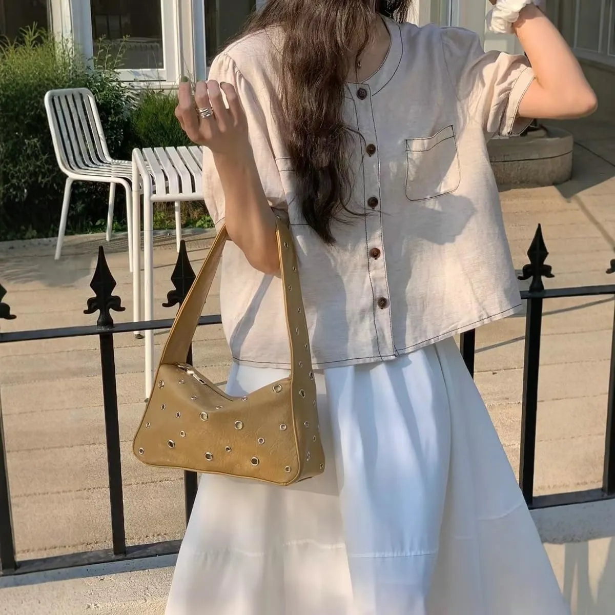 Y2k 90s Crescent Hobo Bags Women Trendy Studded PU Leather Underarm Shoulder Crossbody Purse Punk Crescent Tote Handbag
