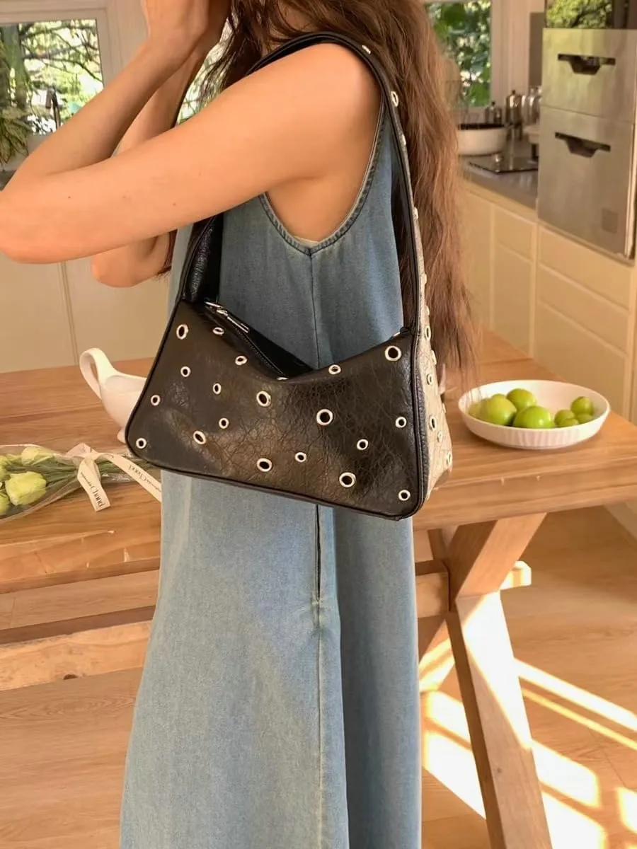 Y2k 90s Crescent Hobo Bags Women Trendy Studded PU Leather Underarm Shoulder Crossbody Purse Punk Crescent Tote Handbag
