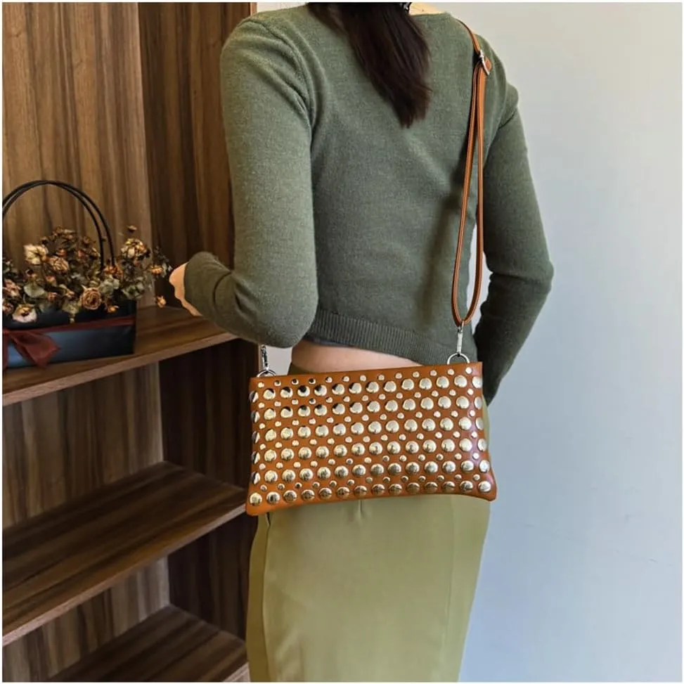 Y2k Crescent Crossbody Purse Women 90s PU Leather Trendy Studded Shoulder Satchels Hobo Bags Punk Underarm Tote Handbag