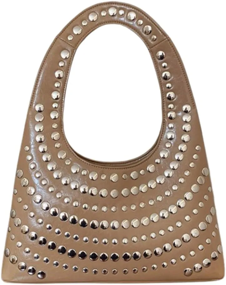Y2k Crescent Hobo Bags Women 90s Trendy Studded Shoulder Satchels Crossbody Purse PU Leather Punk Underarm Tote Handbag
