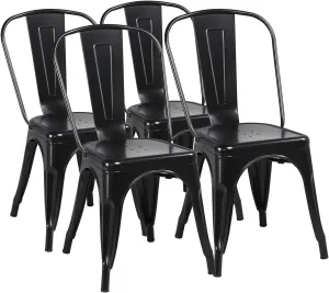 Yaheetech Iron Metal Dining Chairs Stackable Side Chairs Bar Chairs with Back Indoor/Outdoor Classic/Chic/Industrial/Vintage Bistro Trattoria Kitchen Restaurant Matte Black, Set of 4