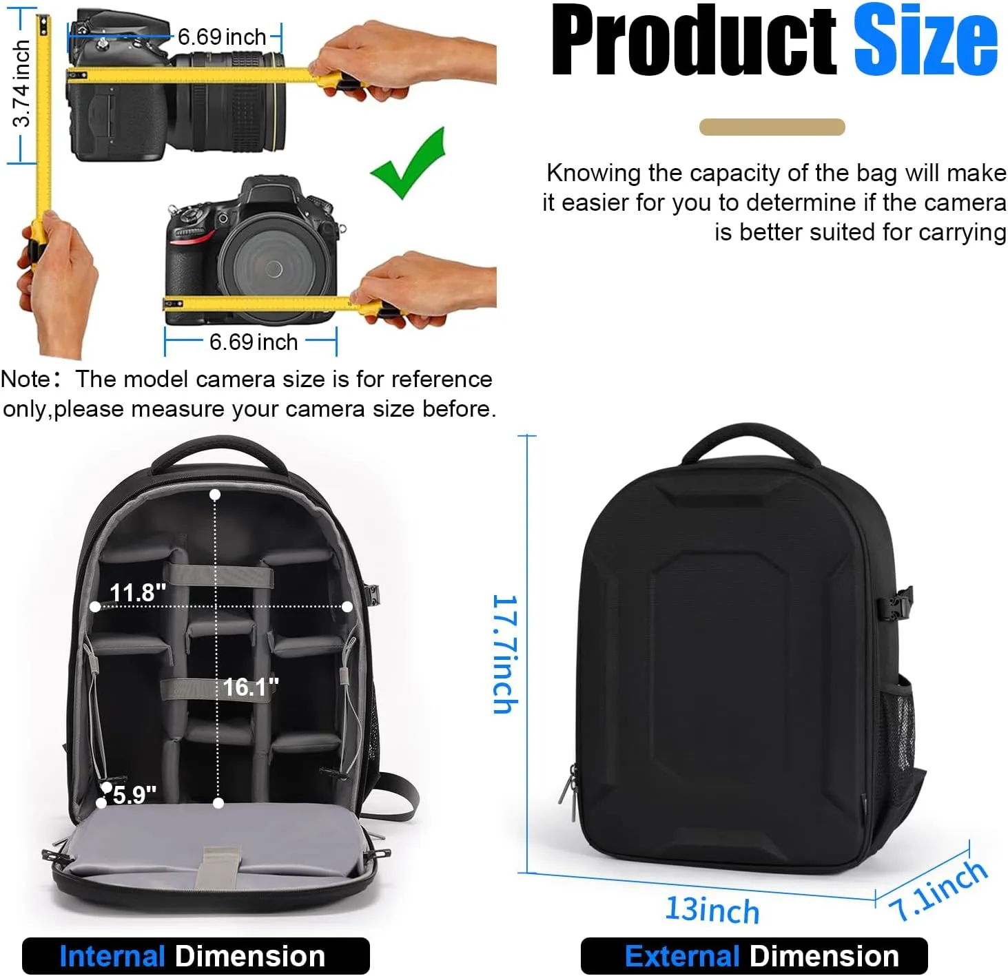 YaKuss Hardshell Camera Backpack Case, Shockproof Photography Bag With 15.6" Laptop Compartment, Tripod Strap,Quick Side Access,for Canon Nikon Sony Mirrorless SLR DSLR&Lenses,Polyester Fabric,L,Black