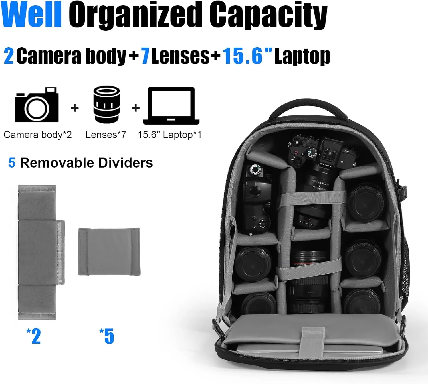 YaKuss Hardshell Camera Backpack Case, Shockproof Photography Bag With 15.6" Laptop Compartment, Tripod Strap,Quick Side Access,for Canon Nikon Sony Mirrorless SLR DSLR&Lenses,Polyester Fabric,L,Black
