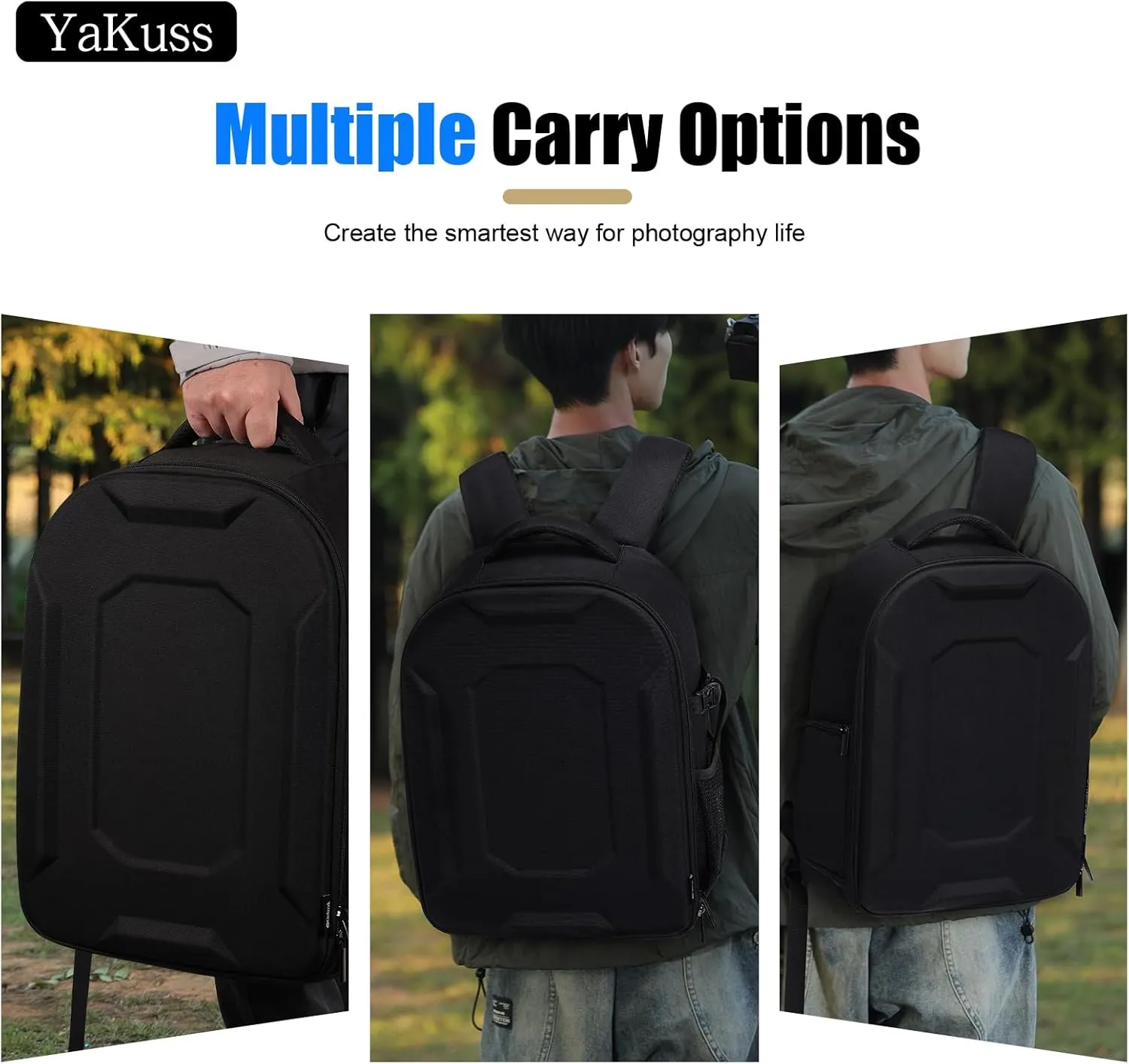 YaKuss Hardshell Camera Backpack Case, Shockproof Photography Bag With 15.6" Laptop Compartment, Tripod Strap,Quick Side Access,for Canon Nikon Sony Mirrorless SLR DSLR&Lenses,Polyester Fabric,L,Black