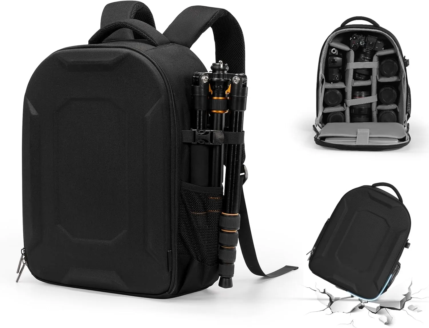 YaKuss Hardshell Camera Backpack Case, Shockproof Photography Bag With 15.6" Laptop Compartment, Tripod Strap,Quick Side Access,for Canon Nikon Sony Mirrorless SLR DSLR&Lenses,Polyester Fabric,L,Black