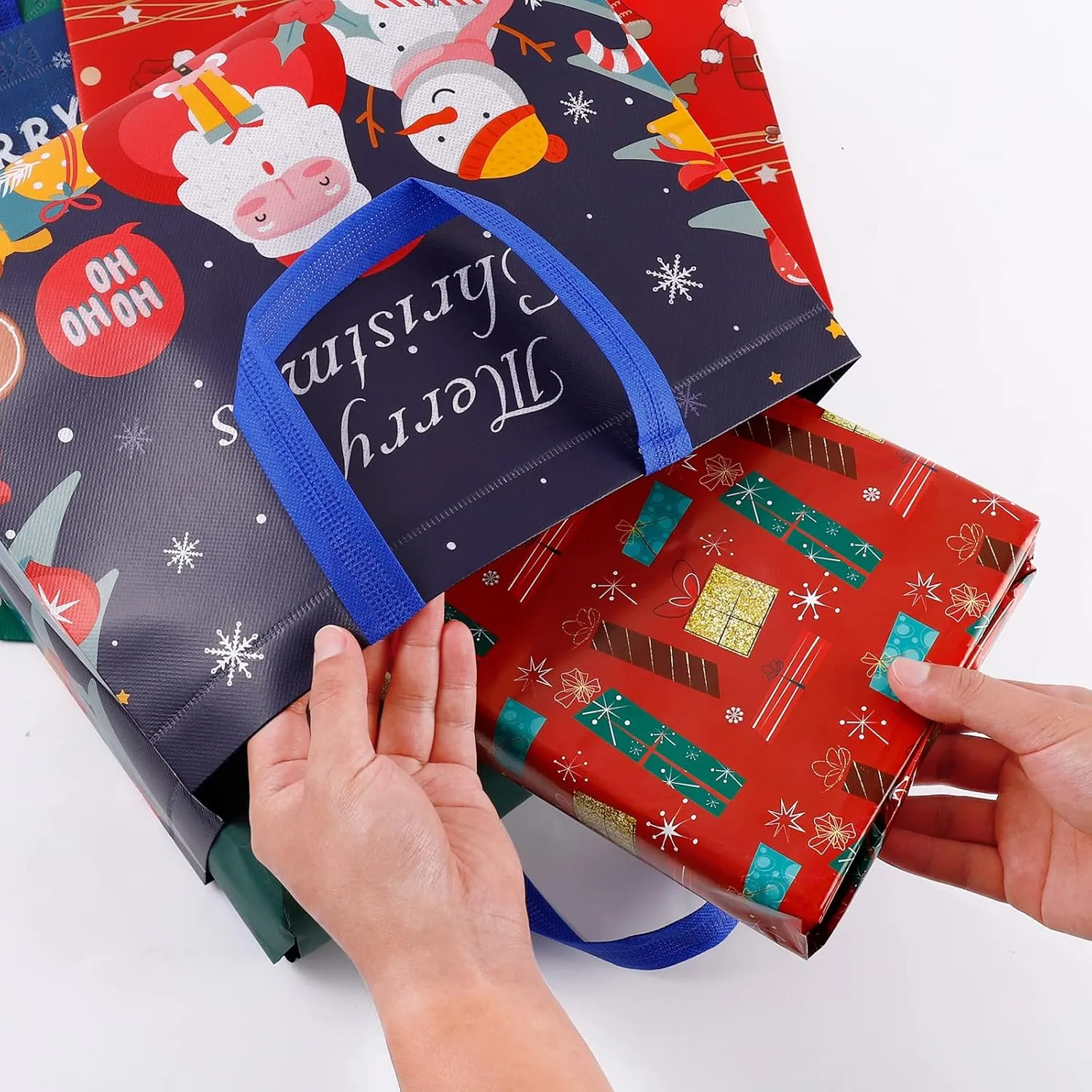 YANGTE 12 Pack Large Christmas Gift Bag Reusable Tote Bags with Handle, Non-Woven Christmas Bag for Holiday Xmas Event Party