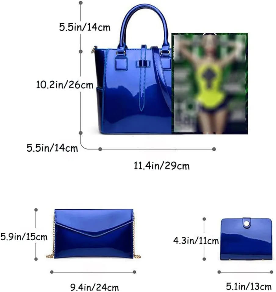 YAQUNICER Patent Tote and Purse 3pcs for Women Glossy PU Top-handle Handbags Chain Messenger Bag Clutch Card Holder