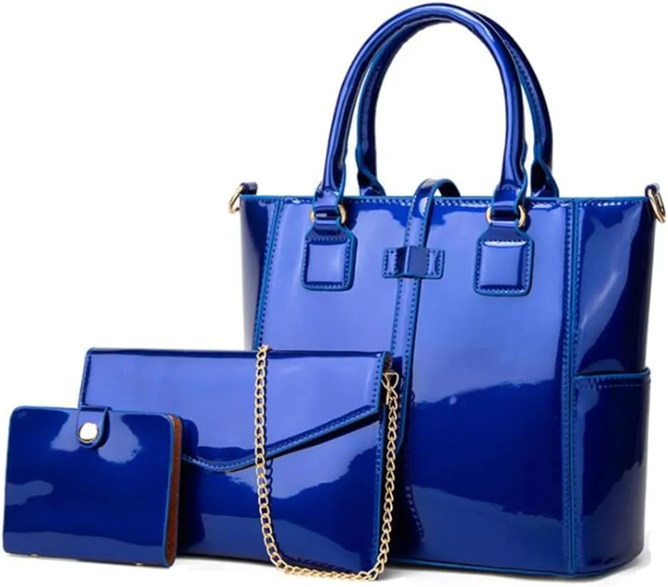 YAQUNICER Patent Tote and Purse 3pcs for Women Glossy PU Top-handle Handbags Chain Messenger Bag Clutch Card Holder