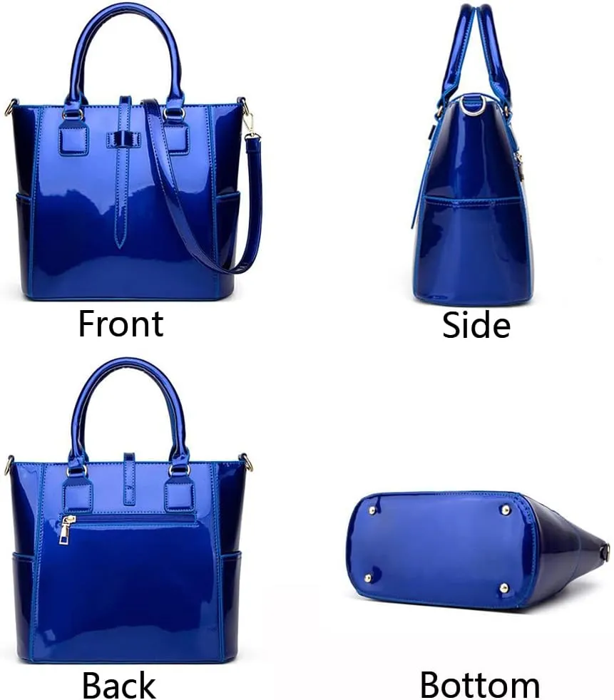 YAQUNICER Patent Tote and Purse 3pcs for Women Glossy PU Top-handle Handbags Chain Messenger Bag Clutch Card Holder