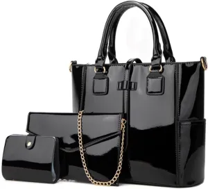 YAQUNICER Patent Tote and Purse 3pcs for Women Glossy PU Top-handle Handbags Chain Messenger Bag Clutch Card Holder