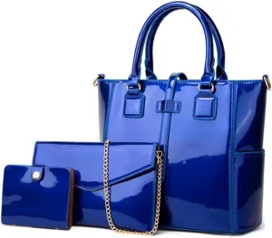 YAQUNICER Patent Tote and Purse 3pcs for Women Glossy PU Top-handle Handbags Chain Messenger Bag Clutch Card Holder