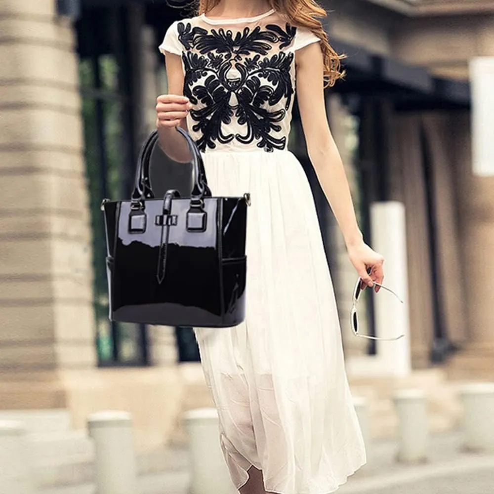YAQUNICER Patent Tote and Purse 3pcs for Women Glossy PU Top-handle Handbags Chain Messenger Bag Clutch Card Holder