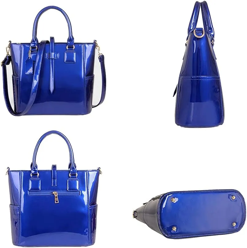 YAQUNICER Patent Tote and Purse 3pcs for Women Glossy PU Top-handle Handbags Chain Messenger Bag Clutch Card Holder