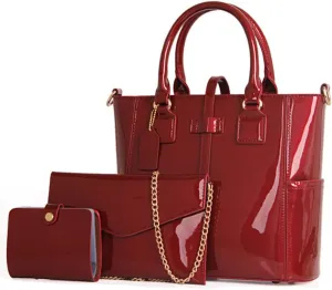 YAQUNICER Patent Tote and Purse 3pcs for Women Glossy PU Top-handle Handbags Chain Messenger Bag Clutch Card Holder