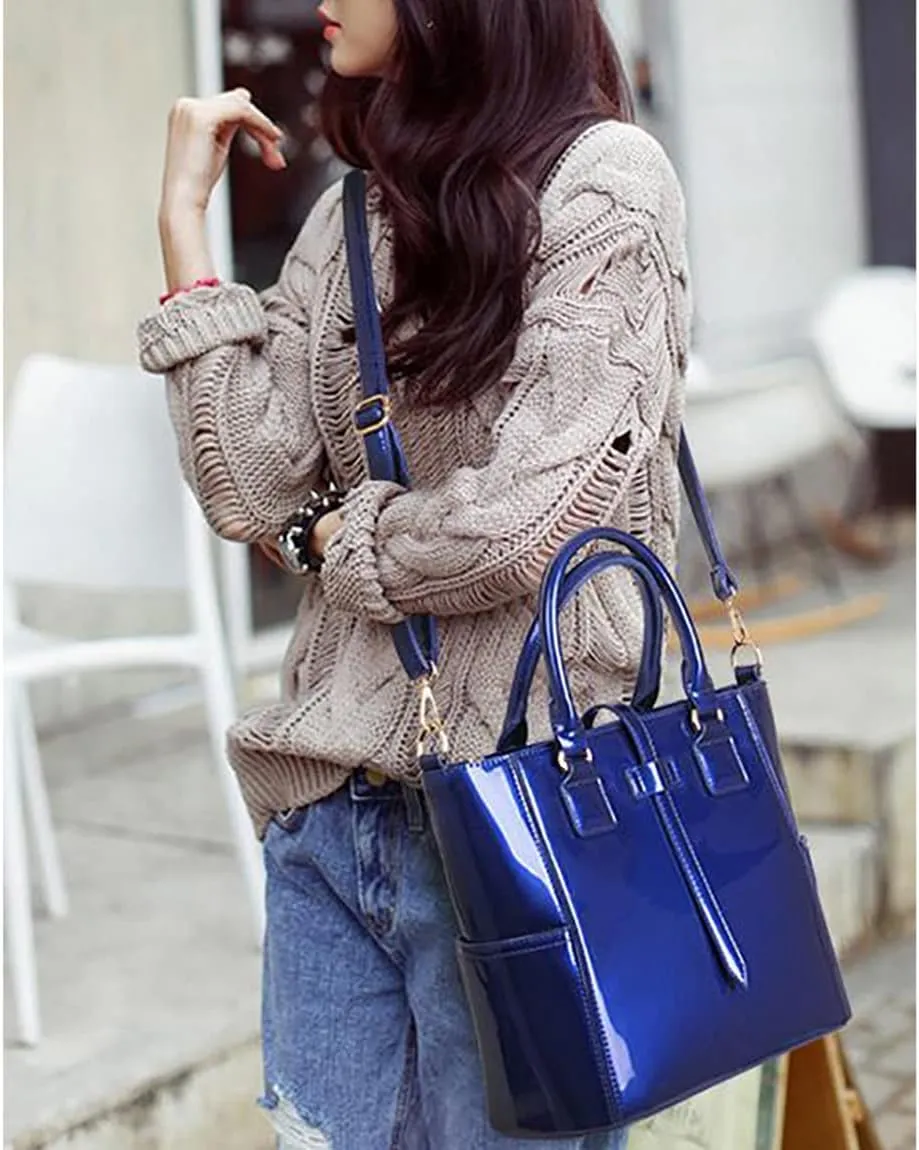 YAQUNICER Patent Tote and Purse 3pcs for Women Glossy PU Top-handle Handbags Chain Messenger Bag Clutch Card Holder
