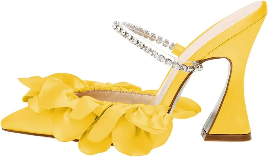 YDN Women Diamond Studded Strap Mules Elegant Ruffled Block High Heels Pointed Toe Spool Heel Sandals Wedding Party Prom Shoes Size 4-15 US