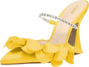 YDN Women Diamond Studded Strap Mules Elegant Ruffled Block High Heels Pointed Toe Spool Heel Sandals Wedding Party Prom Shoes Size 4-15 US
