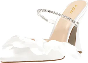 YDN Women Diamond Studded Strap Mules Elegant Ruffled Block High Heels Pointed Toe Spool Heel Sandals Wedding Party Prom Shoes Size 4-15 US