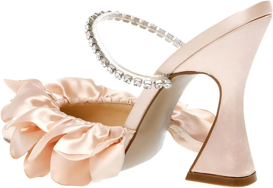 YDN Women Diamond Studded Strap Mules Elegant Ruffled Block High Heels Pointed Toe Spool Heel Sandals Wedding Party Prom Shoes Size 4-15 US