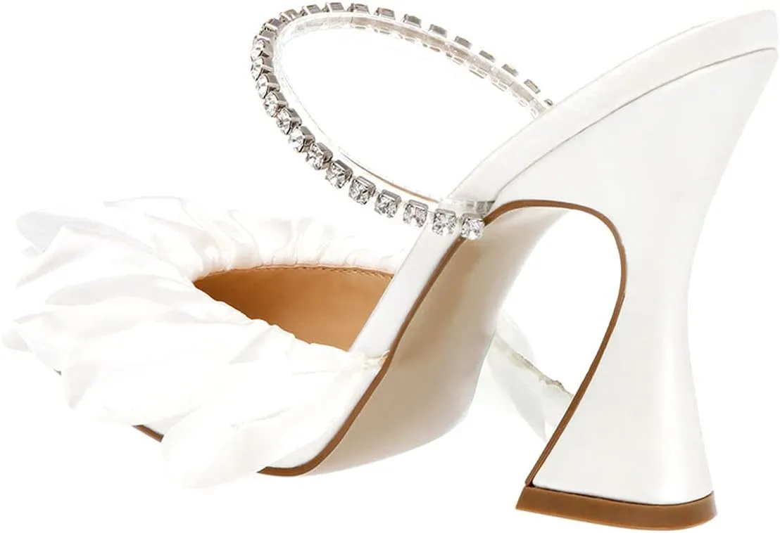 YDN Women Diamond Studded Strap Mules Elegant Ruffled Block High Heels Pointed Toe Spool Heel Sandals Wedding Party Prom Shoes Size 4-15 US