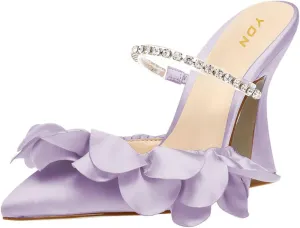 YDN Women Diamond Studded Strap Mules Elegant Ruffled Block High Heels Pointed Toe Spool Heel Sandals Wedding Party Prom Shoes Size 4-15 US