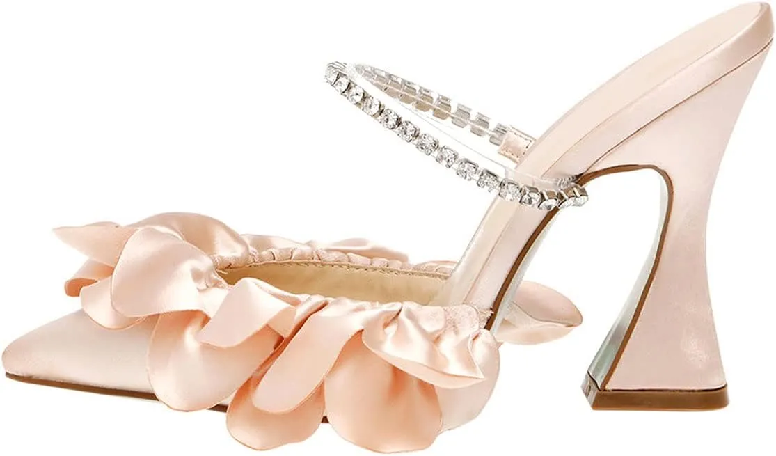 YDN Women Diamond Studded Strap Mules Elegant Ruffled Block High Heels Pointed Toe Spool Heel Sandals Wedding Party Prom Shoes Size 4-15 US